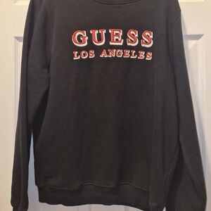 GUESS Men's Black Crewneck Sweater with Red and White Logo